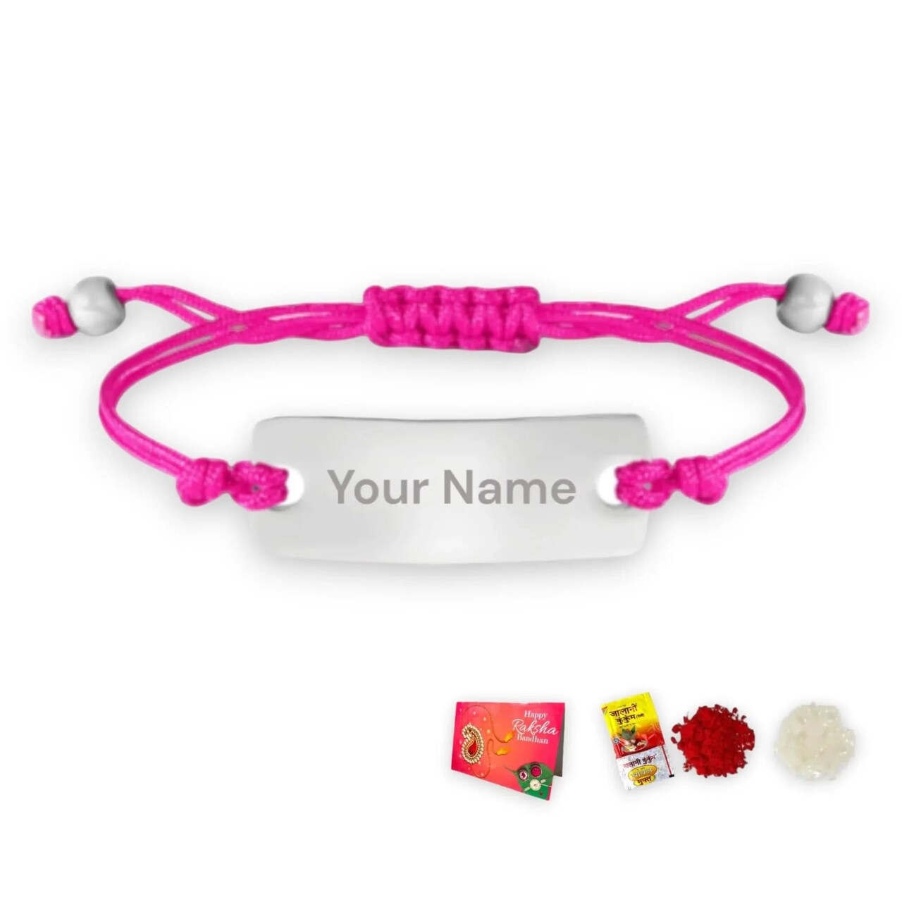 Personalized Stainless Steel Rakhi for Brother Custom Engraved Name Bracelet for Bhai Raksha Bandhan Customizable Thread Rakhi Gift Hamper with Roli Chawal Greeting Card